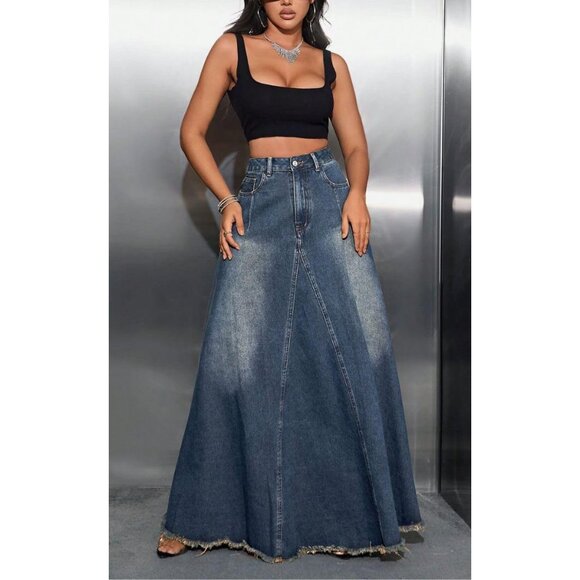 Women's High Waist Denim Skirt Full Length Frayed Raw Hem Flared A Line - Picture 5 of 5